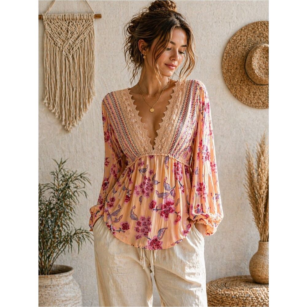 Angie Peach Floral Lace-Trim Boho Tunic